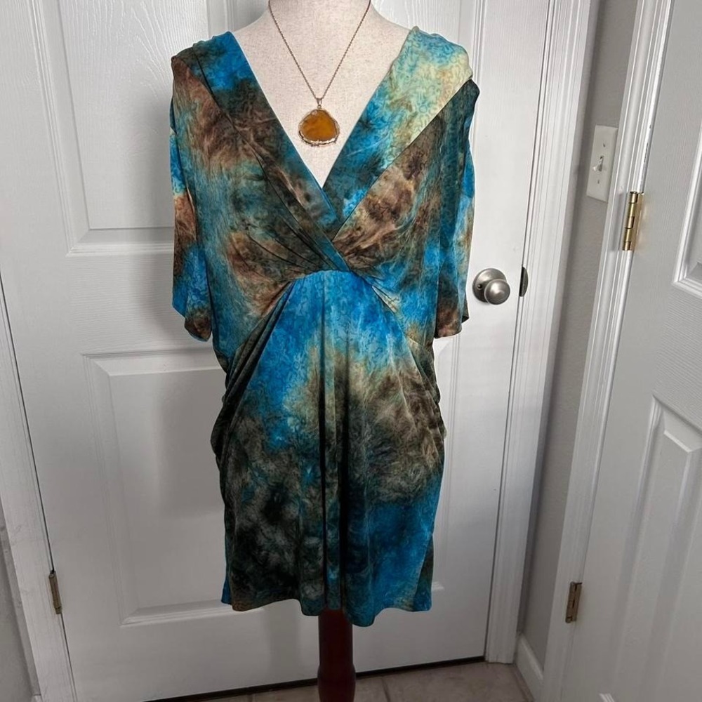 Y2K Whimsigoth Boho Top Large Blue Green Empire Waist V-Neck Tie Dye Fairycore
